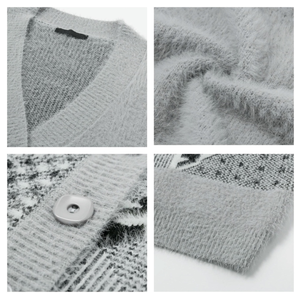 Grey Fuzzy Houndstooth Button Up Cardigan - Picture 6 of 7
